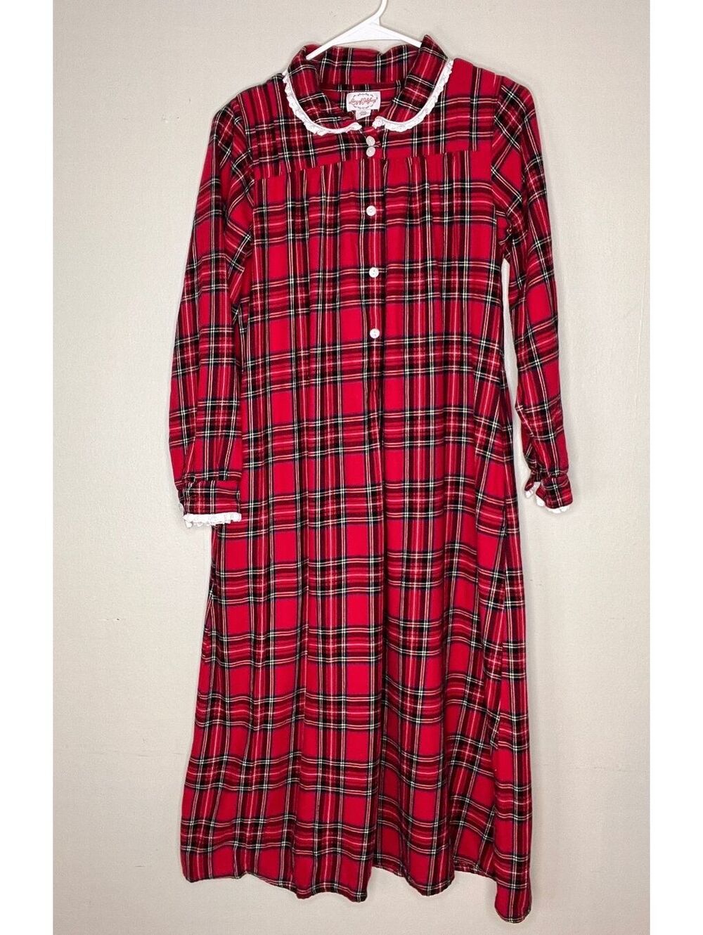 Lanz of Salzburg Women's Red Plaid Nightgown with Lace Trim, Size PXS